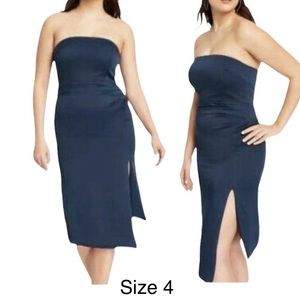 CUSHNIE Strapless Navy Blue Ruched Side Slit Dress Size 4 New